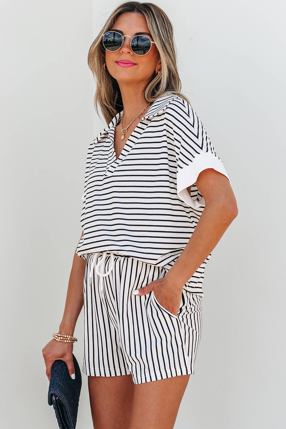 Stripe V-Neck Tee & Short Set