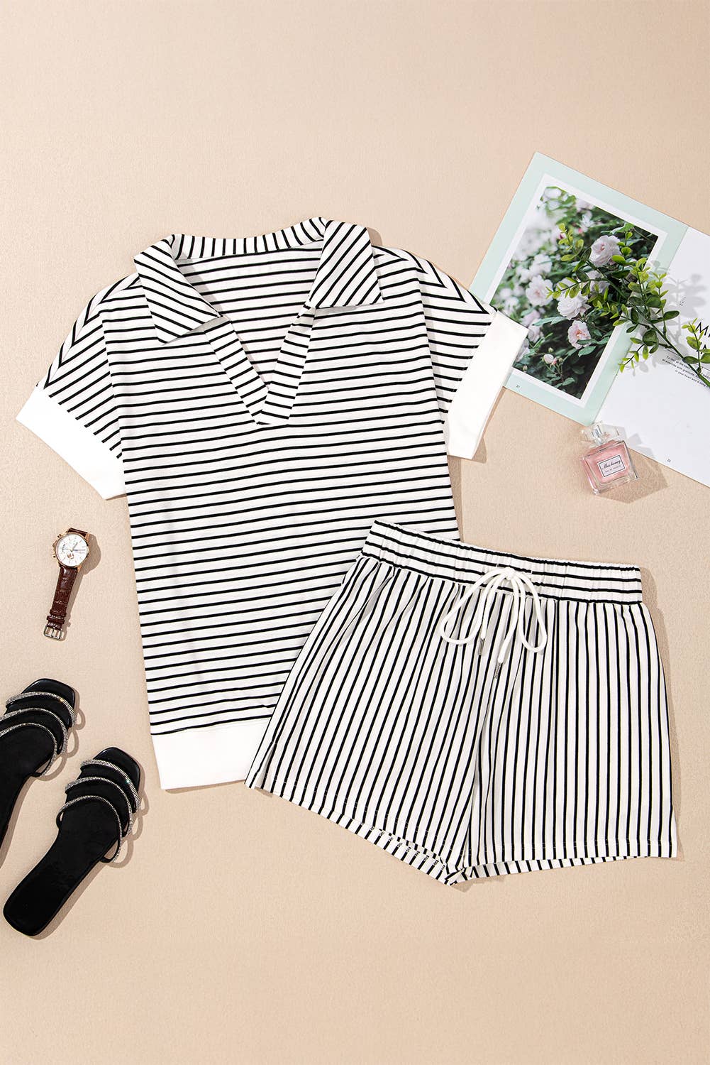 Stripe V-Neck Tee & Short Set
