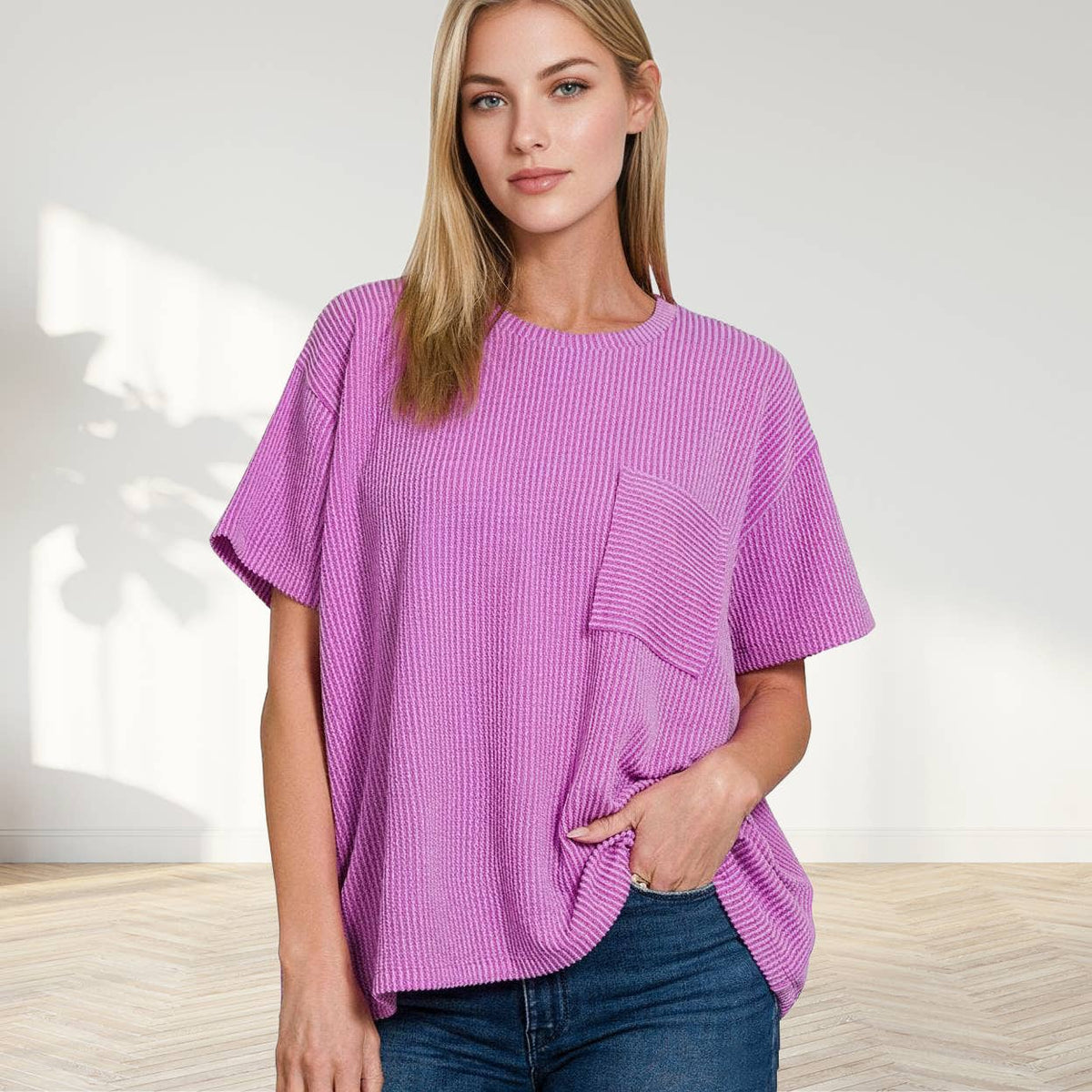 Corded Rib Front Pocket Top